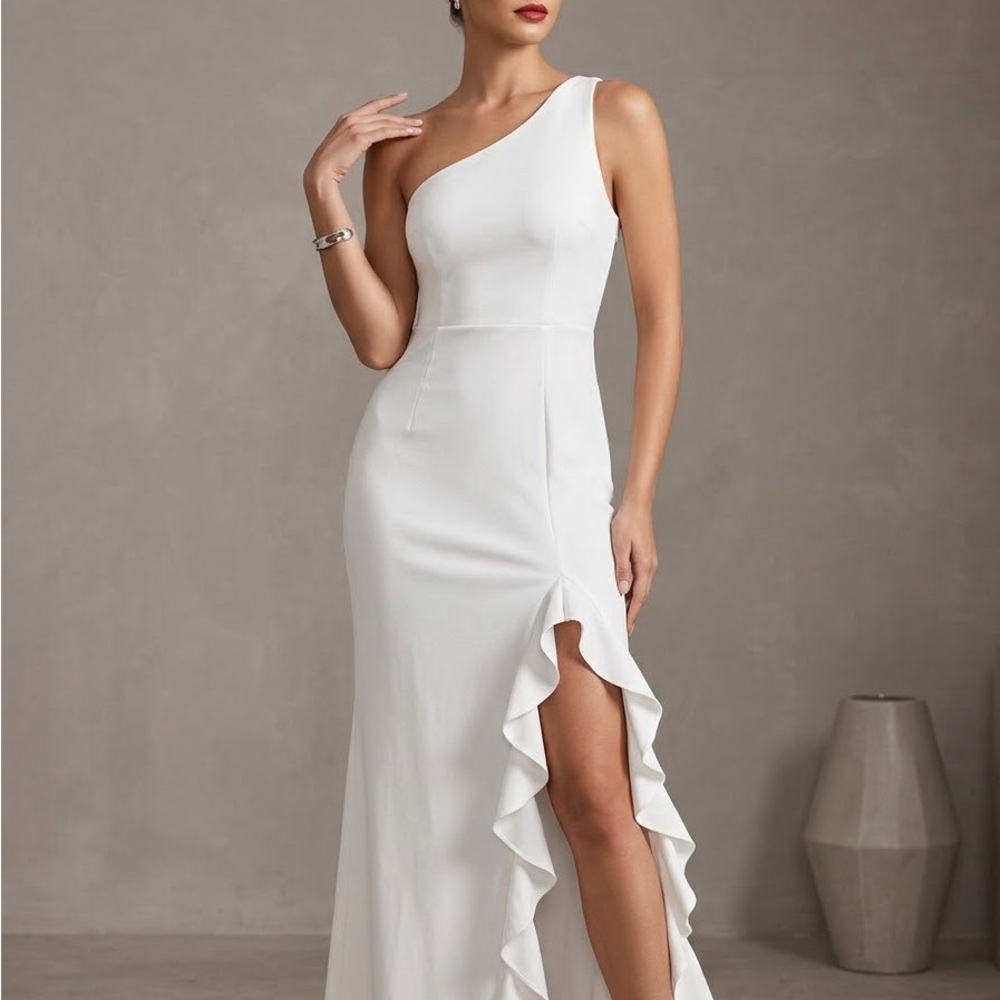 One-Shoulder White Ruffle-Slit Evening Dress. NWT
